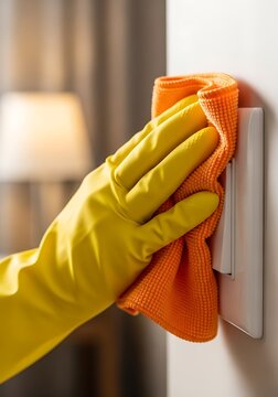 Yellow gloved hand cleaning light switch with orange cloth