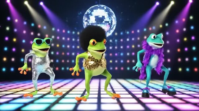 Whimsical Three frogs dancing in a disco club with bright lights and a disco ball. Fantasy art, humorous, cartoonish, funny, comical animals.