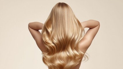 Fototapeta premium A woman with long, wavy blonde hair, standing with her hands behind her head, against a light beige background.