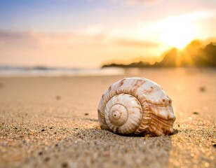 Close-up of a spiral seashell on a sandy beach. Sun rising in the background over gentle waves. Golden hour light
