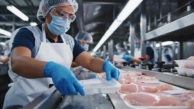 Food processing worker in hygiene gear packages raw chicken breasts on a conveyor belt