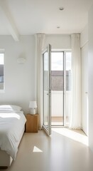 Bright bedroom with a bed, nightstand, and open door.