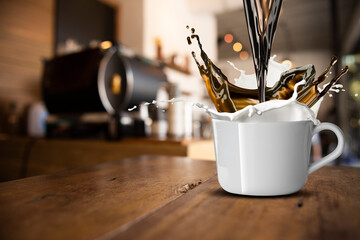 Coffee Pour Splash on Coffee Cup With Milk Splash and Coffee Beans. Capture using High Speed Photography With Coffee Shop Scene