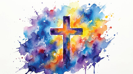 colorful watercolor cross on white background with vibrant splashes
