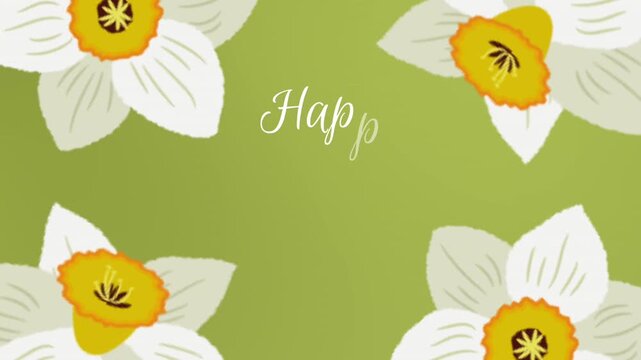 Women's Day Animation. Animated Greeting Card. Spring Holiday Banner. White Daffodils Flowers on Bright Green Background. Spring Flowers. Animated Text Happy Women's Day. 