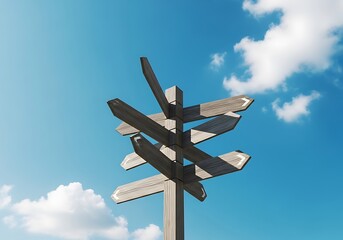 Wooden directional signs against blue sky wooden signs