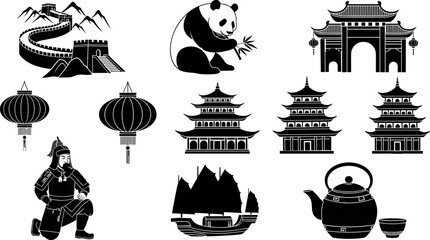 Chinese culture silhouettes set featuring panda Great Wall pagoda lantern temple warrior teapot junk boat vector illustration collection traditional © MDRAKIB