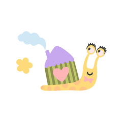 Vector illustration of cartoon snail with flowers and butterflies on white background.