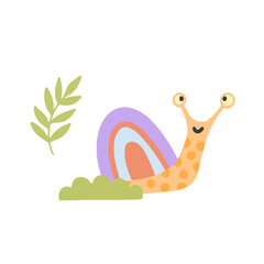 Vector illustration of cartoon snail with flowers and butterflies on white background. © Olha