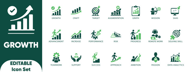Growth editable solid icon set.improvement,grow,increase,chart,gain,and vector. 