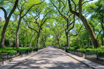 Scenic Pedestrian Walkway Under a Lush Green Canopy of Mature Elm Trees in a Famous Urban Park During a Bright Summer Day