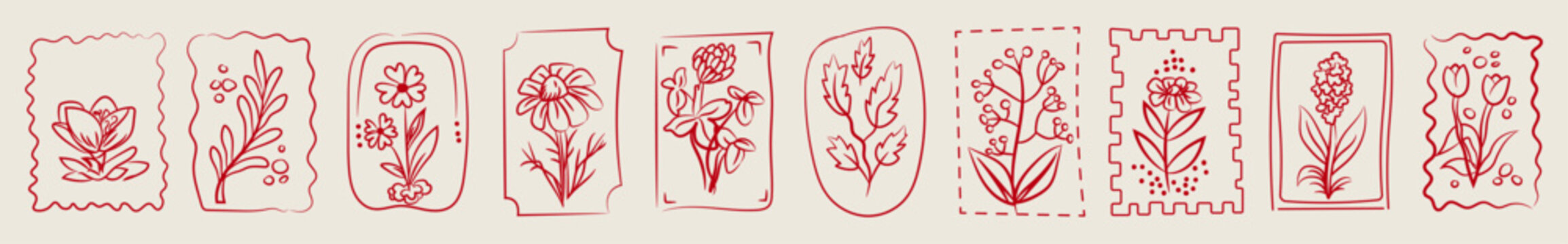 Hand-Drawn Vintage Floral Postage Stamp Collection Vector Line Art