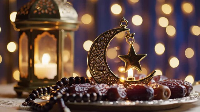 Cinematic Ramadan Still Life with Glowing Lantern, Crescent Moon, and Dates for Iftar