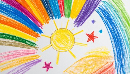 Abstract children's drawing background, hand-drawn crayon scribbles, vibrant rainbow colors on white paper texture, naive art style, energetic messy lines, simple shapes like sun and stars,