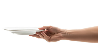 A hand holding a white plate on a png transparent