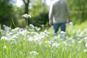 Serene Meadow with White Wildflowers in Sharp Focus and a Man Walking Peacefully in the Blurred Background during a Bright Spring Day