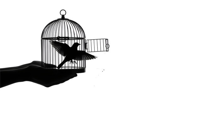 Bird Flying from Open Cage Silhouette Symbolizing Freedom and Escape