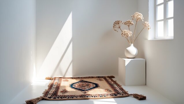 Minimalist Prayer Nook with Sunlit Prayer Rug and White Vase