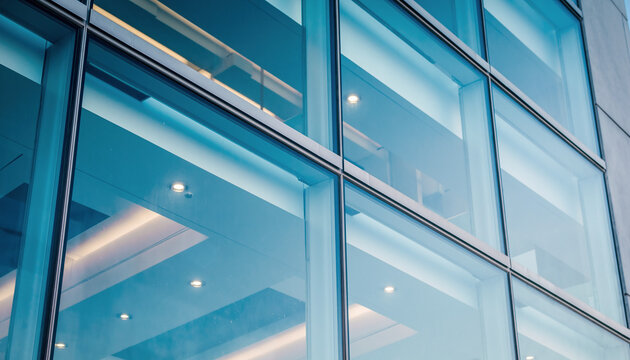 Blue modern glass curtain wall with slim aluminum mullions. Close-up of a professional corporate office building facade with soft interior lights and sky reflections.
