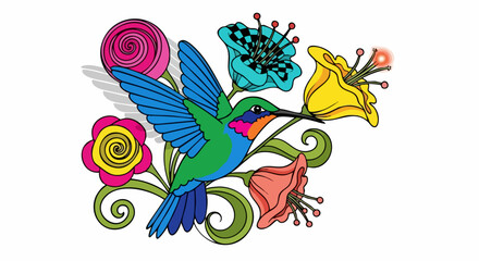 Obraz premium Vibrant Hummingbird in Flight Surrounded by Colorful Flowers.