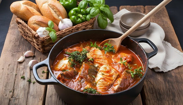Moqueca. Traditional Brazilian fish stew with fish fillet in tomato sauce as a close-up in a modern cast-iron baking dish. Rustic cuisine.