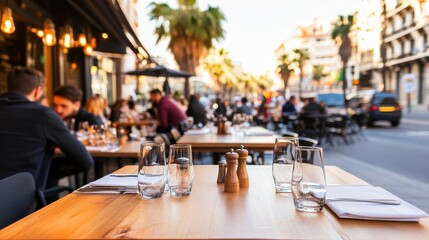 Sunny outdoor restaurant terrace on a bustling city street, with dining tables and blurred urban background