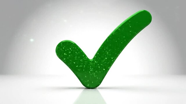 A vibrant green three-dimensional checkmark symbol rotates on a clean white