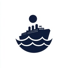 Naklejka premium Stylish Cruise Ship Illustration with Waves and Rising Sun