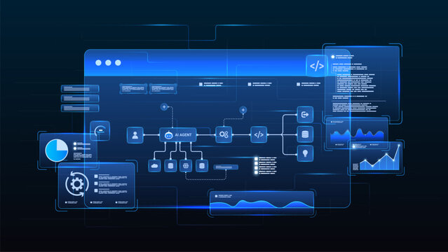 AI workflow automation artificial intelligence. ai agent workflow diagram dashboard machine learning showing node input, processing module, analytics panel and process flow.