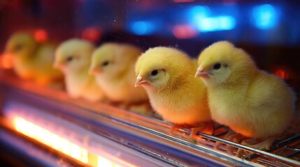 Newborn Yellow Chicks Hatching Together Under Bright Lights in Incubator Setting
