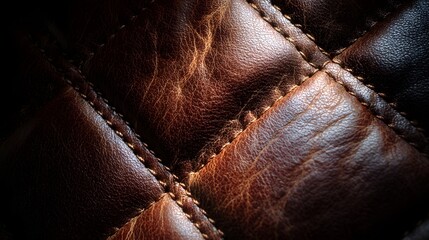 Naklejka premium Close-up Macro Shot of Rich Brown Leather with Diamond Stitching Texture.