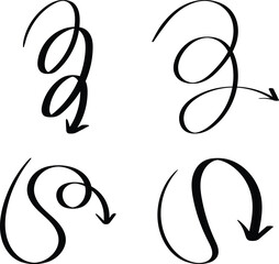 Hand drawn calligraphic swirl arrows on white background, elegant black ink curves, decorative directional symbols with flowing motion, ornamental strokes for design and navigation concepts
