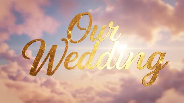 Golden Our Wedding Title Reveal Motion Graphic, Cinematic Shine Against Romantic Sunset Cloud Sky Background Animation