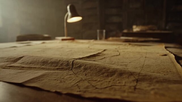 Finger wiping dust off a brittle parchment map in an abandoned study revealing a hidden route under practical lamp light, discovery moment atmosphere