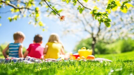 Back view of children enjoying a sunny spring picnic in a vibrant green park under a blooming tree. Outdoor childhood fun.