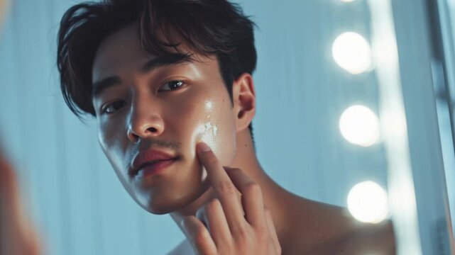 Close-Up of a Handsome Asian Man Applying Skincare in the Mirror, Focused on Self Care, Grooming, Healthy Skin, Morning Routine, Reflection, Confidence, and Modern Male Beauty, Lifestyle Shot HD