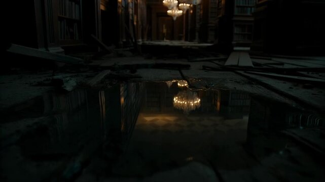 Low angle shot looking at a puddle on a broken library floor reflecting the room intact and lit with chandeliers while real surroundings are ruined, melancholic ghostly echo atmosphere