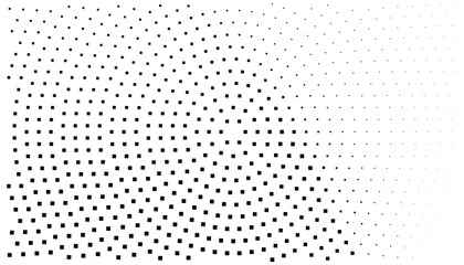 Abstract halftone pattern with black square dots gradually fading from dense to sparse on a white background, creating a smooth gradient effect.