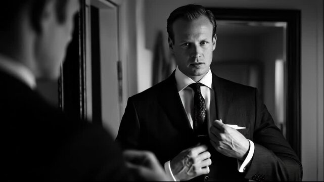A confident man in a suit adjusts his tie while looking in the mirror.
