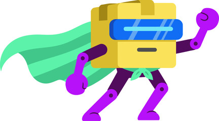 A stylized robot box superhero flies across a circuit board background. Vibrant colors and a modern, playful design make this image ideal for tech and innovation themes.