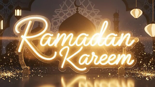 Dynamic Glowing Ramadan Kareem Neon Sign Illuminating a Mosque Silhouette and Hanging Lanterns