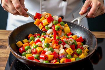 Chef Tossing Colorful Bell Peppers and Onions in a Frying Pan.