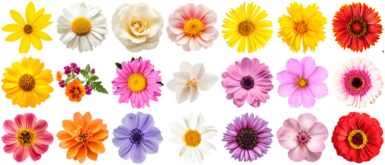 vibrant collection of diverse colorful flowers, including daisies and dahlias, arranged in a grid, photographed with bright clarity on a transparent background.