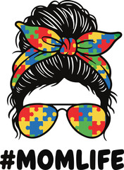 Fototapeta premium Autism Awareness Mom Life Puzzle Pattern Messy Bun Illustration