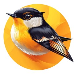 Fototapeta premium Small colorful bird with photo black white and orange feathers on yellow circle small bird