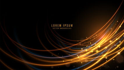 Obraz premium Abstract golden light swirl vector background. Glowing orange curved lines with sparkles on black