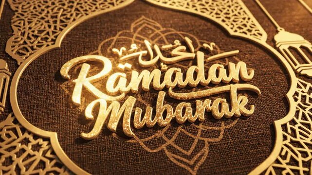 Elegant 3D Animation of Golden Ramadan Mubarak Text with Intricate Arabesque Patterns