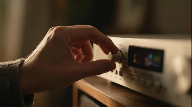 Close-up of a hand adjusting the volume on audio equipment.
