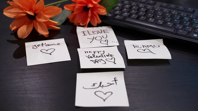 Multilingual Valentine sticky notes with hearts on a dark office desk beside computer keyboard and orange flowers, shot in warm low-key indoor light.