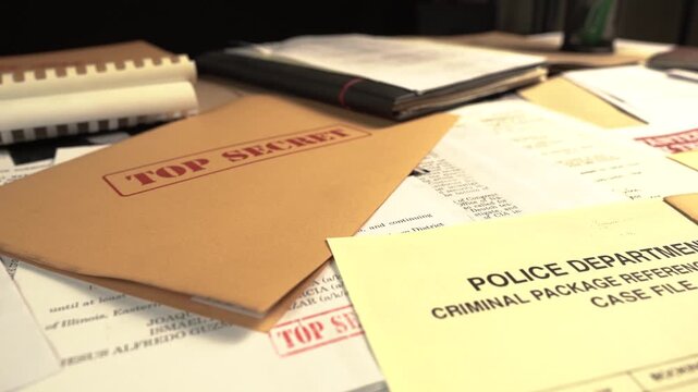 Top Secret Classified Documents and Police Reports on Desk of Federal Agent, Close Up
